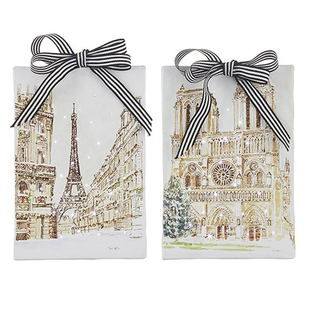 ISO Raz 2022 6" Christmas In Europe Lighted Print Ornament W/ Easel Back